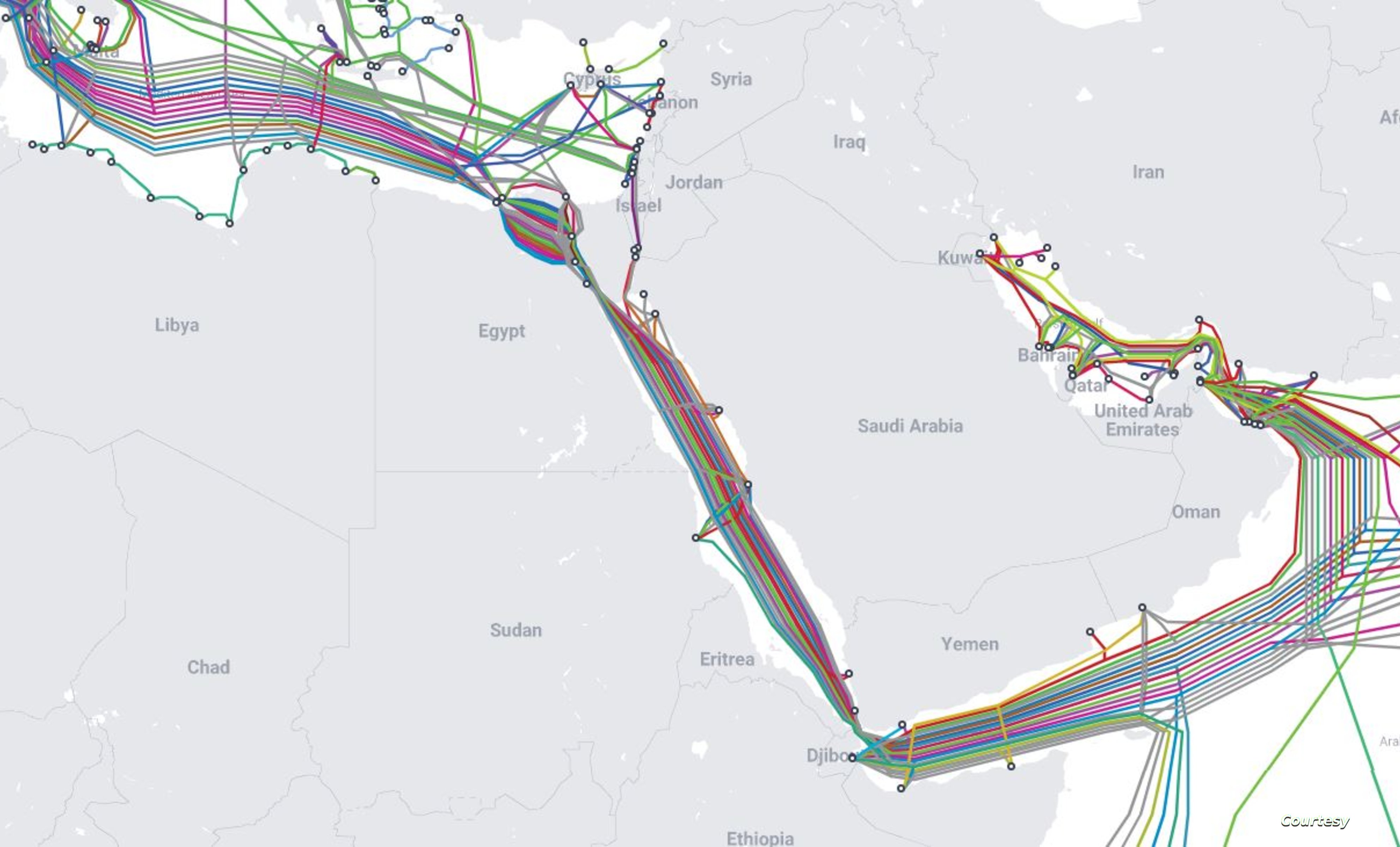 خارطة كوابل الاتصالات التي تعبر البحر الأحمر بحسب موقع submarine cable map