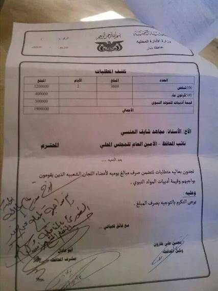 "وثيقة" أنصار الله يجبرون الدولة على تحمل تكاليف إحتفالات المولد 